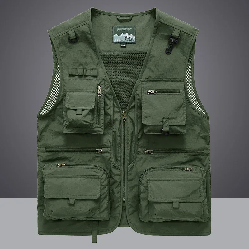 2023 new Men Outdoor Vest Multi-Pocket Solid Color Fishing Director Reporter Work Waistcoat Photography Casual Vest Jacket Male