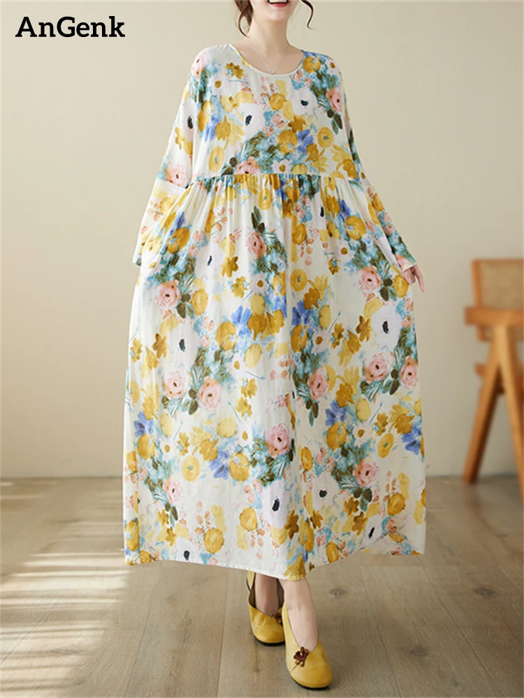 

Женское винтажное Хлопковое платье оверсайз, желтое повседневное Свободное длинное платье, элегантная одежда для офиса, осень 2023