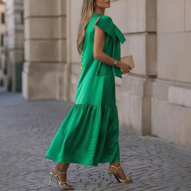 Sexy Sleeveless O Neck Holiday Long Dress Woman Summer Solid Bowknot Hollow  Office Lady Dress New Casual Loose A-Line Boho Dress - AliExpress 200000345