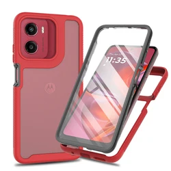 Shockproof Clear Case with Built-in Screen Protector - Full Body Rugged Defender Cover for Moto E15 (Red)