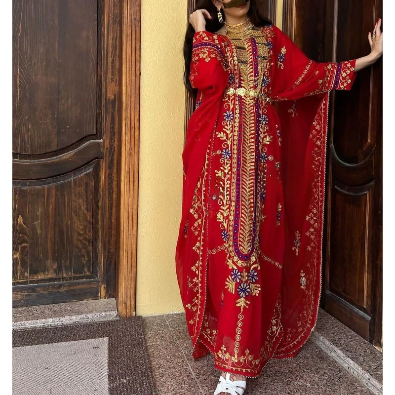 Red Moroccan Dubai Kaftano Jenna Abaya Wedding Decorated Long Dress