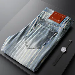 Fashionable men's blue personality color contrast striped jeans men slim stretch summer slim men's small straight leg pants