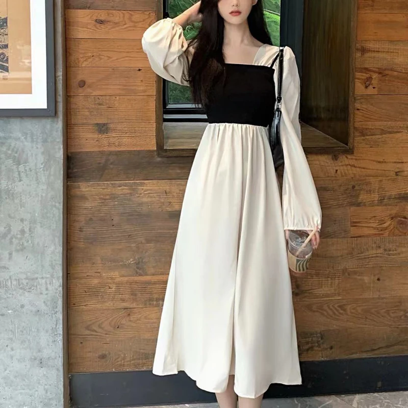 

Women Sexy Outfit 2022 Spring Oversized French Cami Fake Two Hit Color Square Collar Elegant Dress Fashion Dating Party Clothing