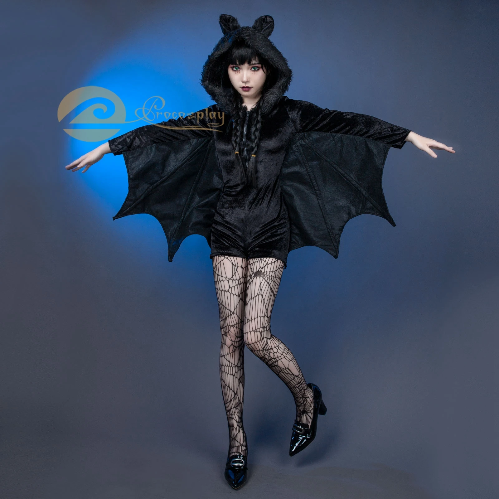 

Vampire Bat Cosplay Evil Black Hooded Jumpsuit Stocking Set Halloween Party Outfits mp006082