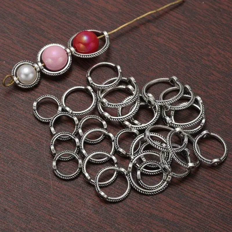 DIY Double Hole Bead Ring Antique Silver Color Spacer Beads Caps Necklace Pearl Making Accessories Jewelry Components Crafts