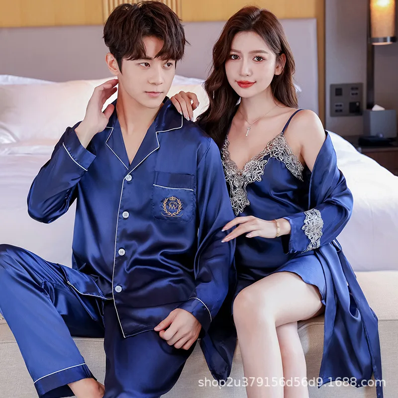 Cotton Pajama Set Spring Autumn Couples Pajamas Set Cute Rayon Women Robe Sets Men Satin Sleepwear Pyjamas Suit Home Clothing Sleep