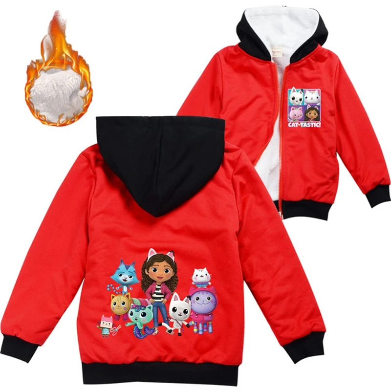 Gabby\'s Dollhouse Teenager Boys Clothes Kids Warm Thick Velvet Hoody Jacket Gabby Cats Baby Girls Zipper Jackets Children\'s Coat