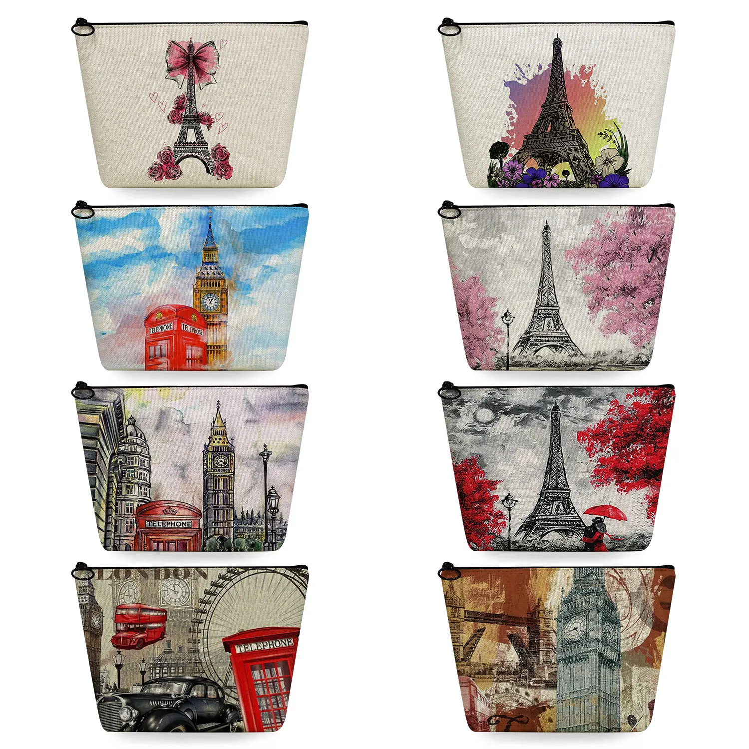 

School Pencil Case Travel Toiletry Bags Famous Building Eiffel Tower Big Ben Print Fashion Women's Cosmetic Bag Makeup Organizer