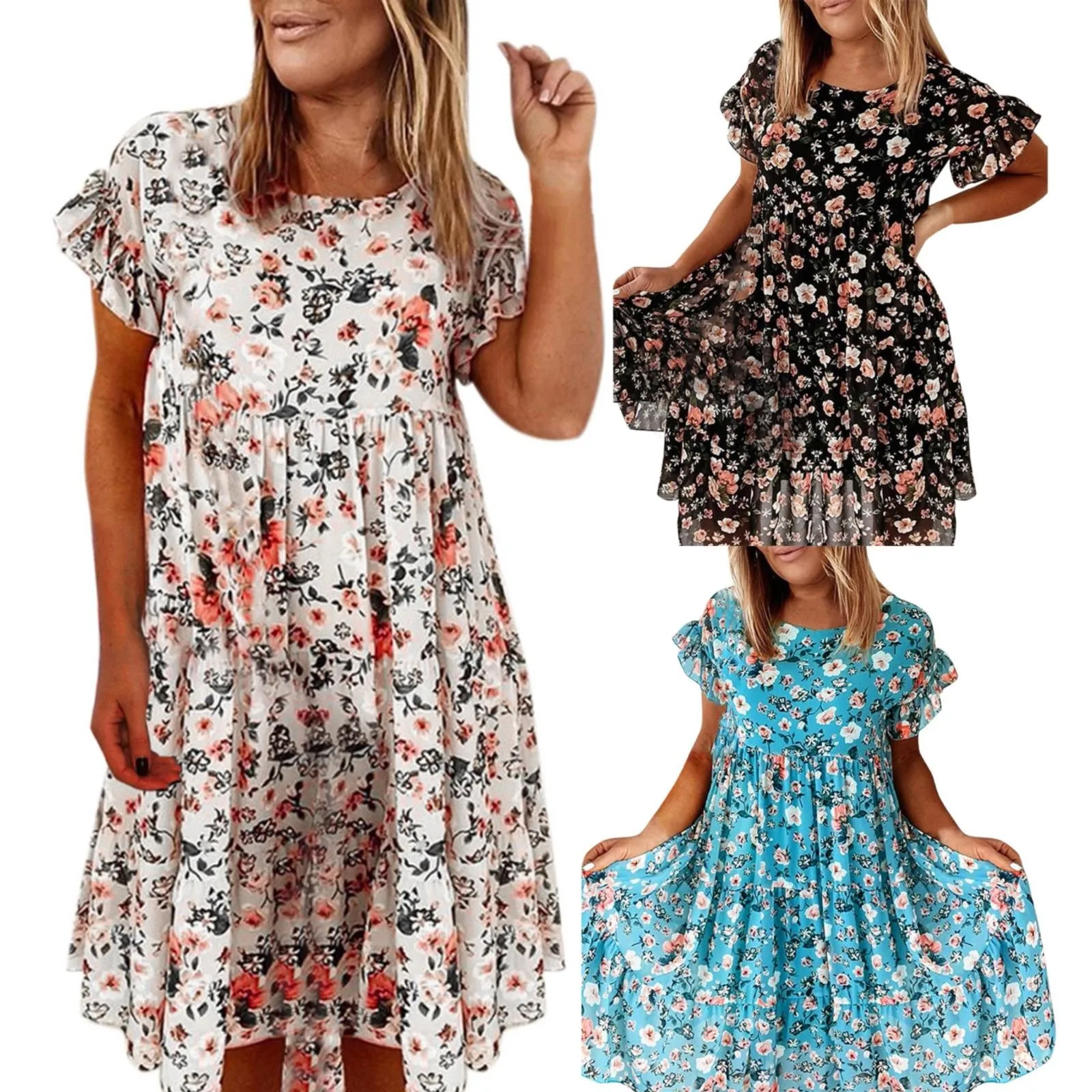 

Summer Lady Ruffle Mini A Line Dress New Floral Print Dresses Women Casual O Neck Daily Retro Cocktail Evening Formal Dress