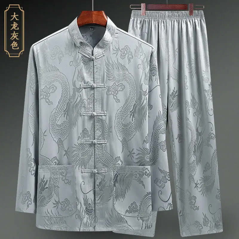 Men Silk Satin Shirt Chinese Traditional Tang Suit Smooth Men Dragon Print Shirt Business Chemise Homme Casual Kong Fu Shirts chinese men hanfu top