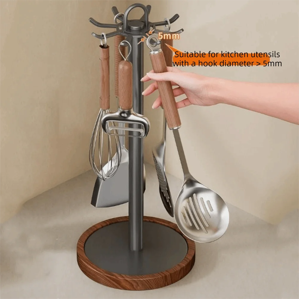 8 Hooks Rotating Spatula Rack Movable Space Saving Cooking Utensils Holder Stable Base Anti Slip Spoon Hanging Rack Countertop