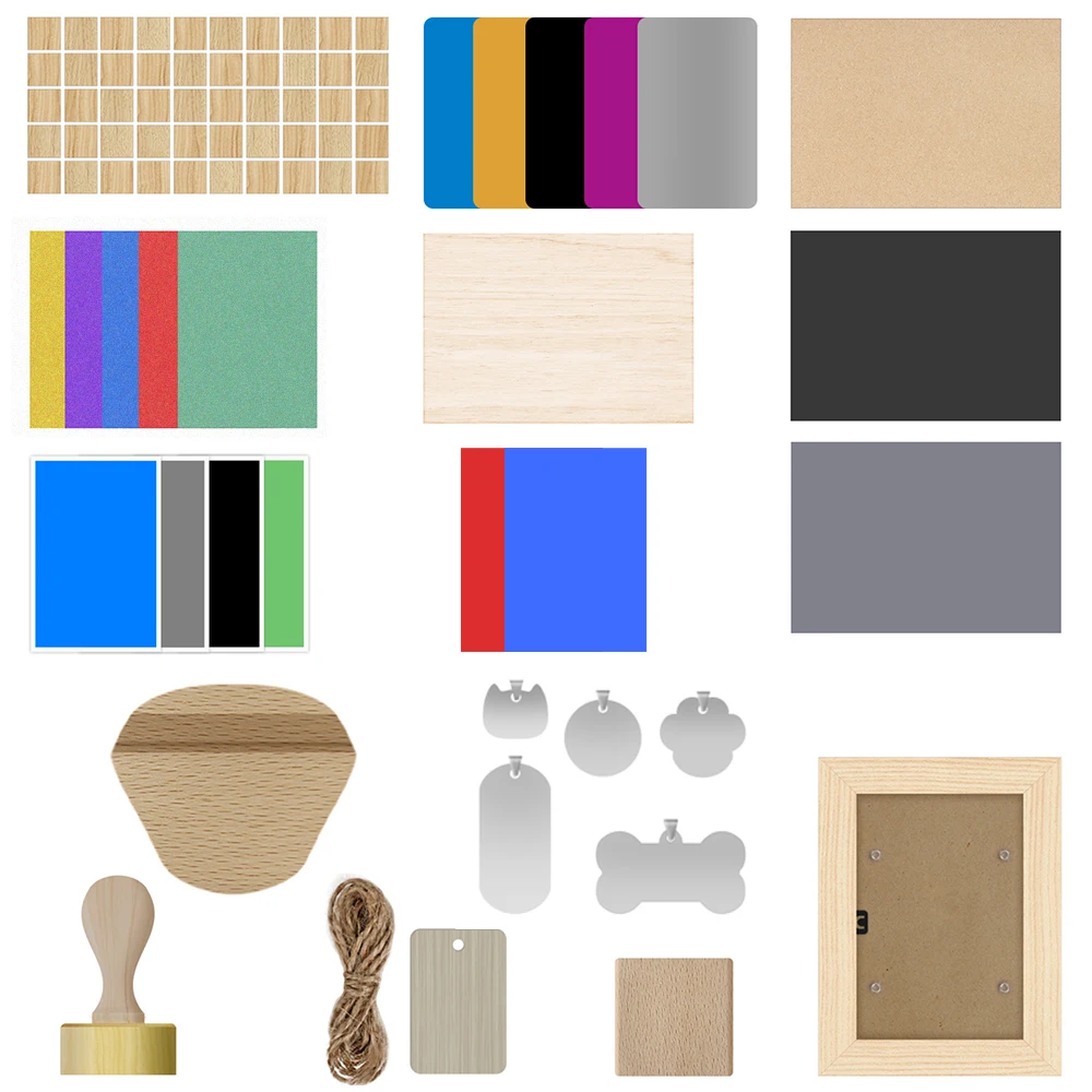 

Laser Engraving Material Kit for Personalized Pet ID Keychain Plywood Metal Business Card Photo Frame Stamp Wooden Hangtag