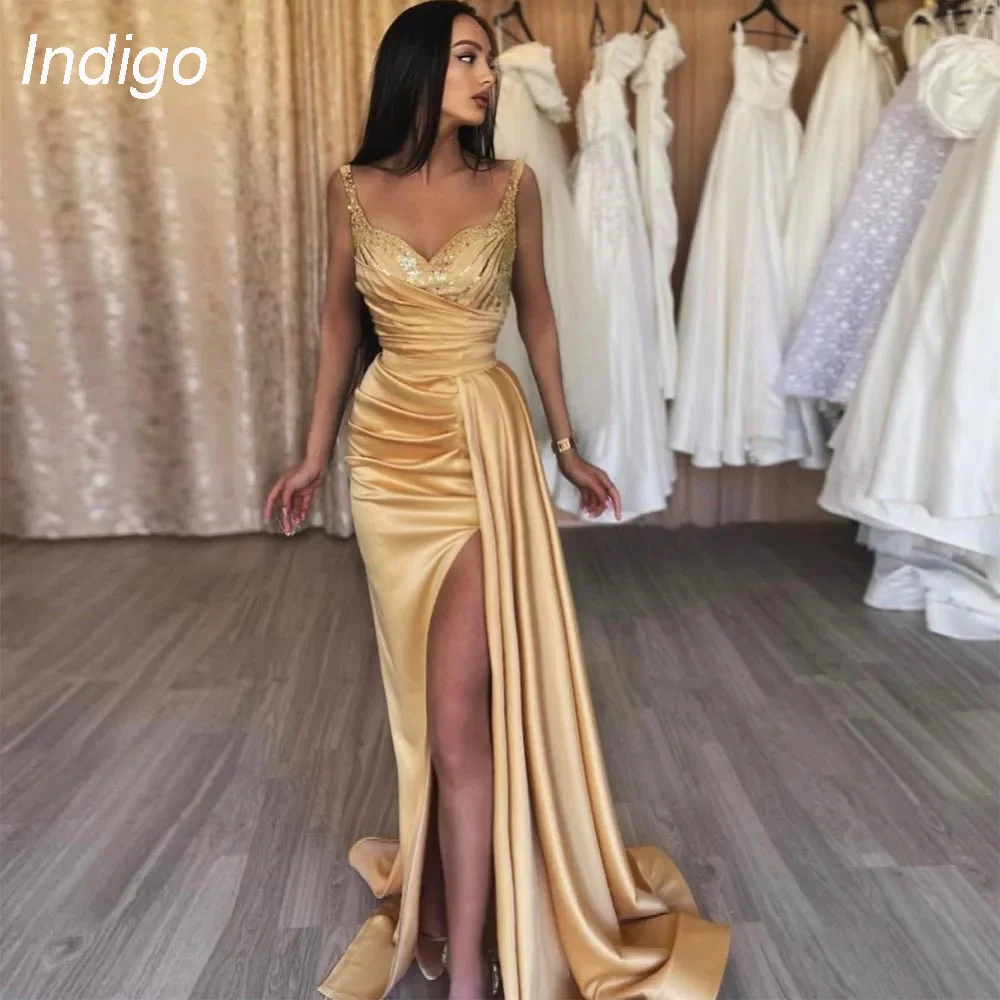 

Indigo Prom Dress Mermaid Sweetheart Spaghetti Straps Split Sequin Pleat Floor-Length Elegant Evening Gown For Women فساتين الس