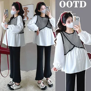 Maternity Shirt Spring Autumn 2026 Minimalist Casual Loose Comfortable Striped Fake Two Piece Blouse For Pregnant Women