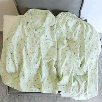2 PCS Women Pajama Sleepwear Pajama Set Long Sleeved Pants Suit Peach Print Ventilate Soft Comfortable Home Leisure Home Clothes 1