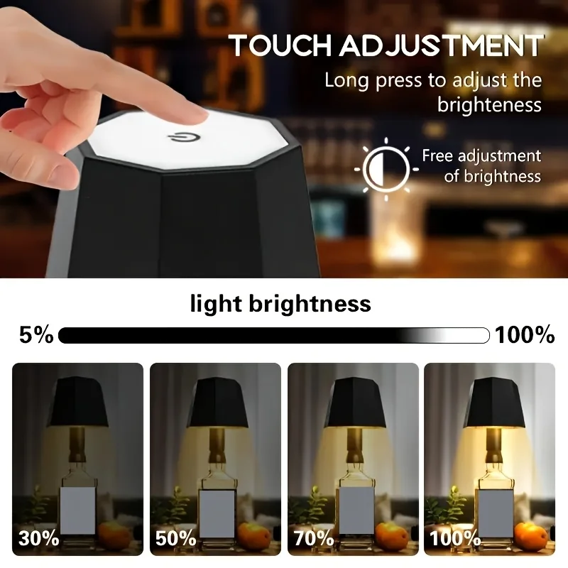 무선 LED 터치 테이블 램프 USB 충전식 테이블 램프 밝기 조절 가능 바, 레스토랑, 호텔, 침실, 커피숍 분위기 연출에 적합