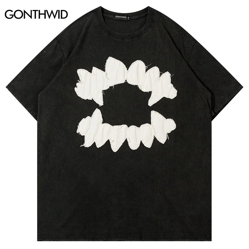 

Vintage Men T Shirt Hip Hop Embroidery Teeth Patch Washed Tshirt Punk Gothic Oversized Tee Shirts 2023 Harajuku Cotton Loose Top