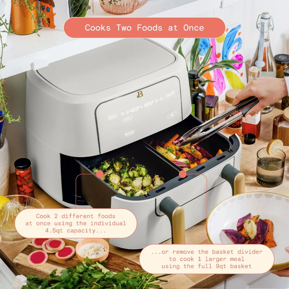 9 QT Air Fryer,Air fry, roast, reheat, dehydrate, bake or broil,Sync two different foods,touch-activated display illuminates. 3