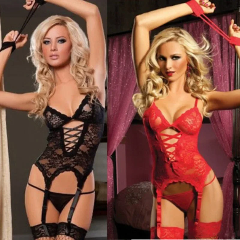 

Women's Three Point Lace Perspective Three Point Set with Garters Game Outfit Corset Top European and American Fun Lingerie
