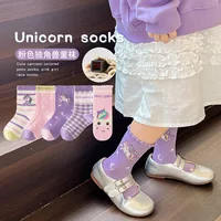 Spring Children's Socks Cute Cartoon Unicorn Pattern Cotton Socks Baby Girls Mid Calf  Socks  5 Pairs 2