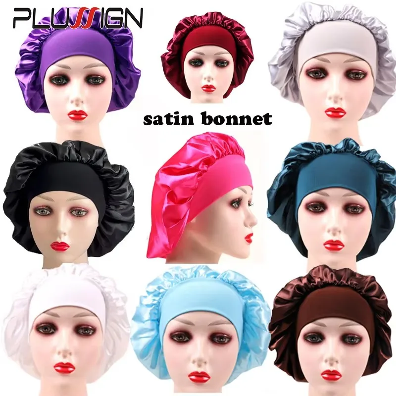 20Pcs Satin Bonnet Black Plain Hair Bonnets With 6Cm Wide Edge Wrap Silk Hat For Sleeping Hair Care Unisex Cap