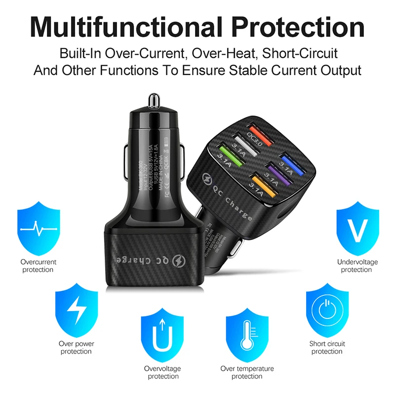 15A Light-emitting Car Charger 6usb Porous Qc3.0 Square High Pass Quick Charge Multi-function Car Charger phone charger,car charger,phone charger adapter,car phone charger