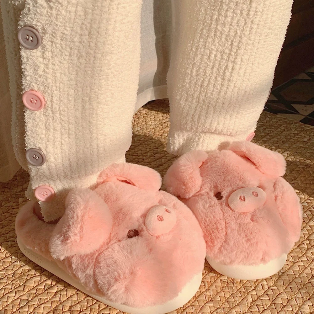 Cute Piggy Winter New Women Slipper Closed Toe Non Slip Furry Thick Sole Slippers Comfortable Fluffy Piggy Slippers for Winter