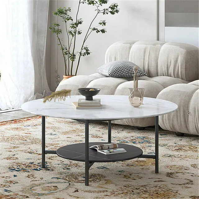 Table basse ronde à 2 niveaux, moderne, haut de gamme, bureau en pierre frittée, meubles de maison, cadre en métal pour salon, chambre à coucher 1