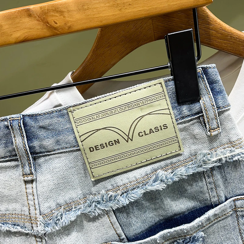 Summer New Denim Shorts Men Patchwork Slim Fit Straight Leg Pants Fashionable Embroidery Personalized Casual Hole Patched Jeans