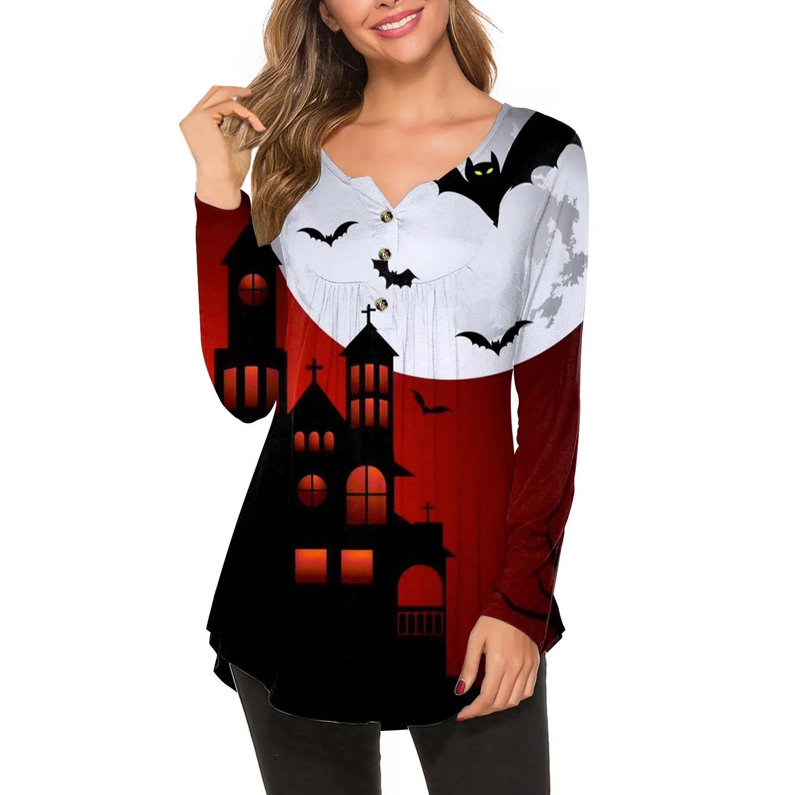 

Одежда Женская приталенная с принтом замка на Хэллоуин праздничные топы с пуговицами женские стильные и модные дизайнерские футболки