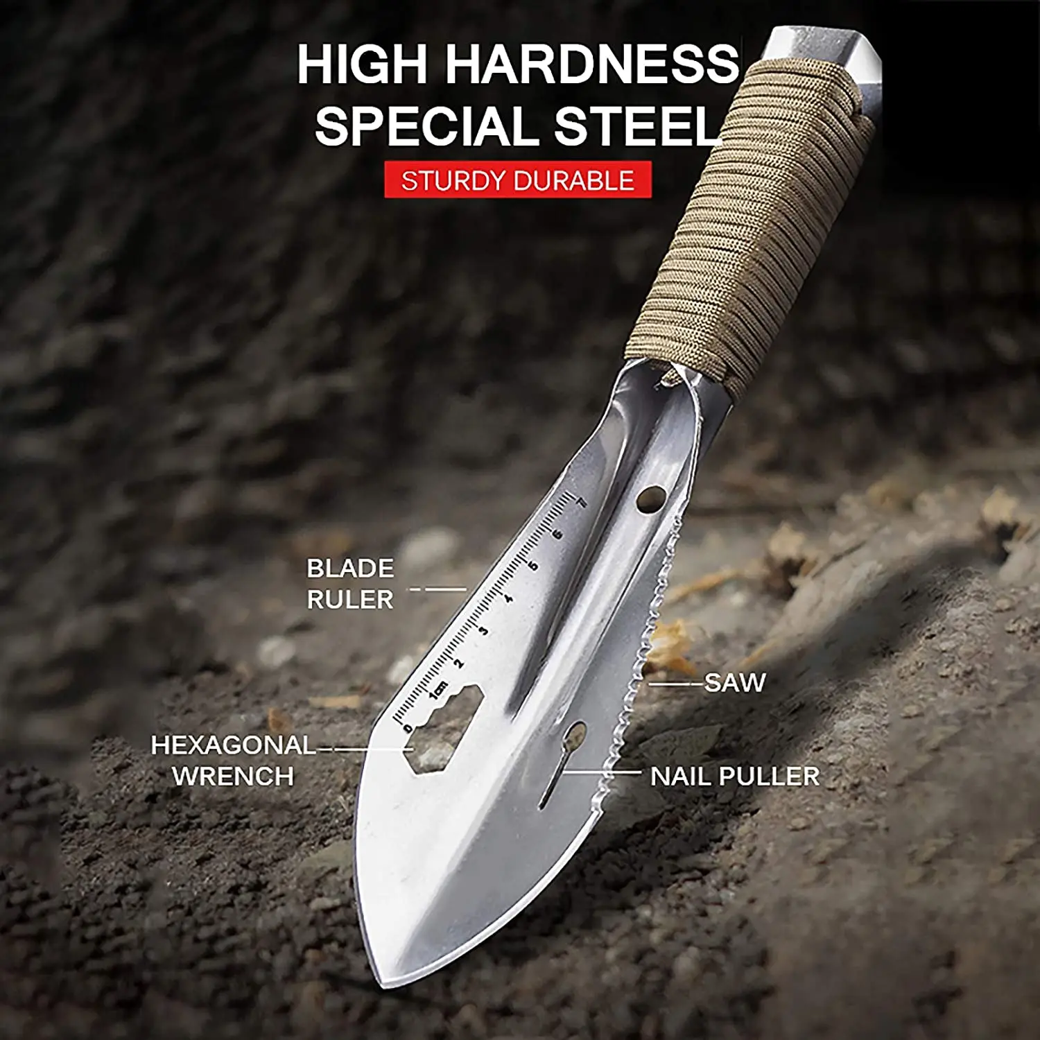 Stainless Steel Garden Shovel Spade Multi Tool Weeder With Sawtooth Hex Wrench Ruler Digging Trowel Knife Spear Garden Bonsai 4