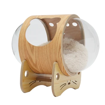 Wooden Spaceship Pet Bed for Cat & Dog Window Capsule-shaped Cat Bed Made of Wood House Cat Bed Indoor with Cushion 2