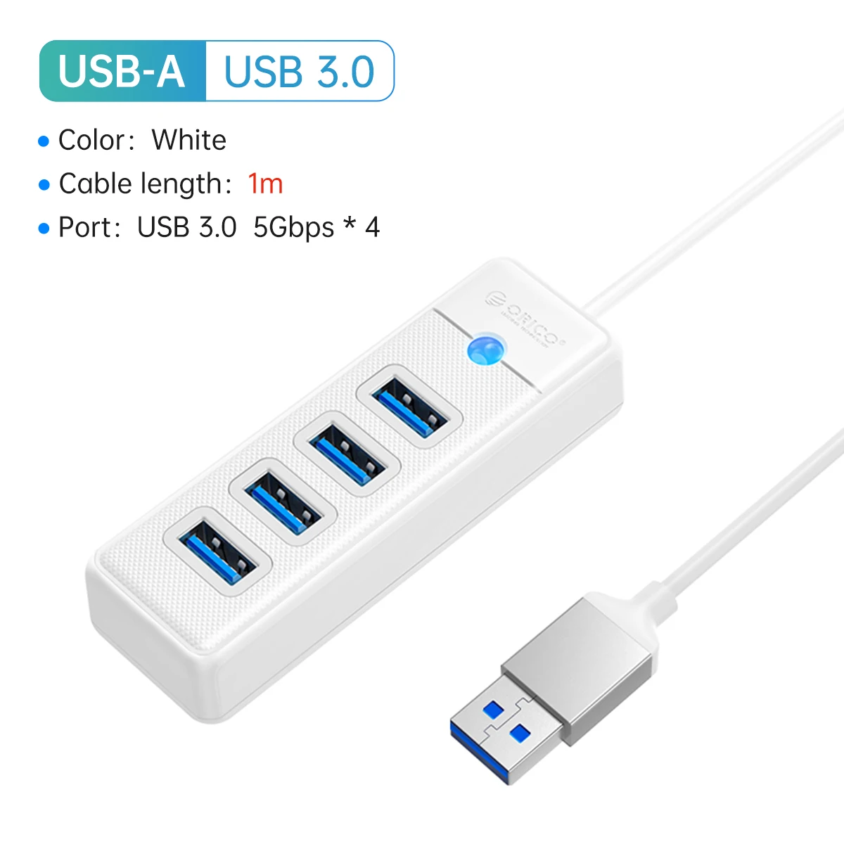 ORICO HUB USB Type-C 4 Porte USB 3.0 - 5Gbps, Nero - Moltiplicatore Con Cavo 15cm - 3