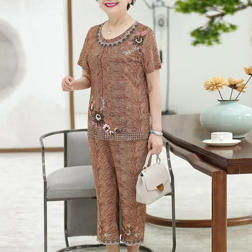 

Mom Long Pants Tee Suit Grandma T-shirt Pants Suit Elegant Flower Print Grandma T-shirt Pants Suit Breathable High for Elderly