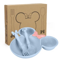 Cartoon Baby Tableware Set - Eco-Friendly Wheat Straw Dinnerware with Bowknot Design (Blue  Without Box)