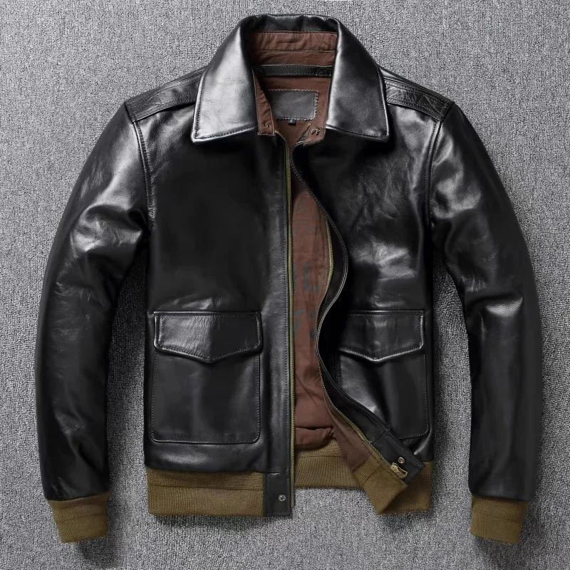 

A2 Men's Bomber Jacket Tea Core Horse Leather Cropped Motorcycle Natural Loose Coat Military
