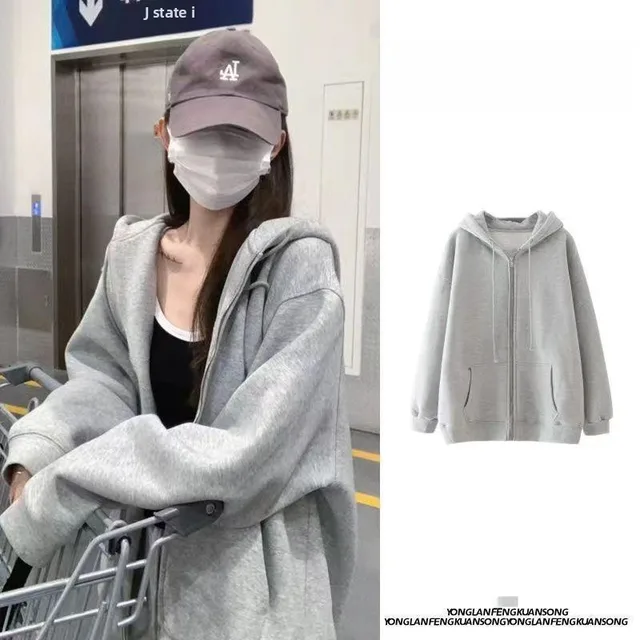 Deep Grey Fleece Lined Hoodie Zipper Jacket Women's Comfortable Casual Style Long Sleeve Princess Sleeve Polyester Fabric 1