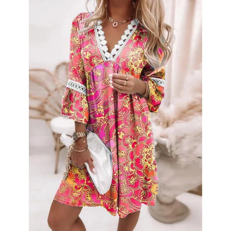 

Dresses Woman Digital Printed Loose Short Dress Robes Femme V Neck Lace Panel Bohemian Style Holiday Pullover Mini Pagoda Sleeve