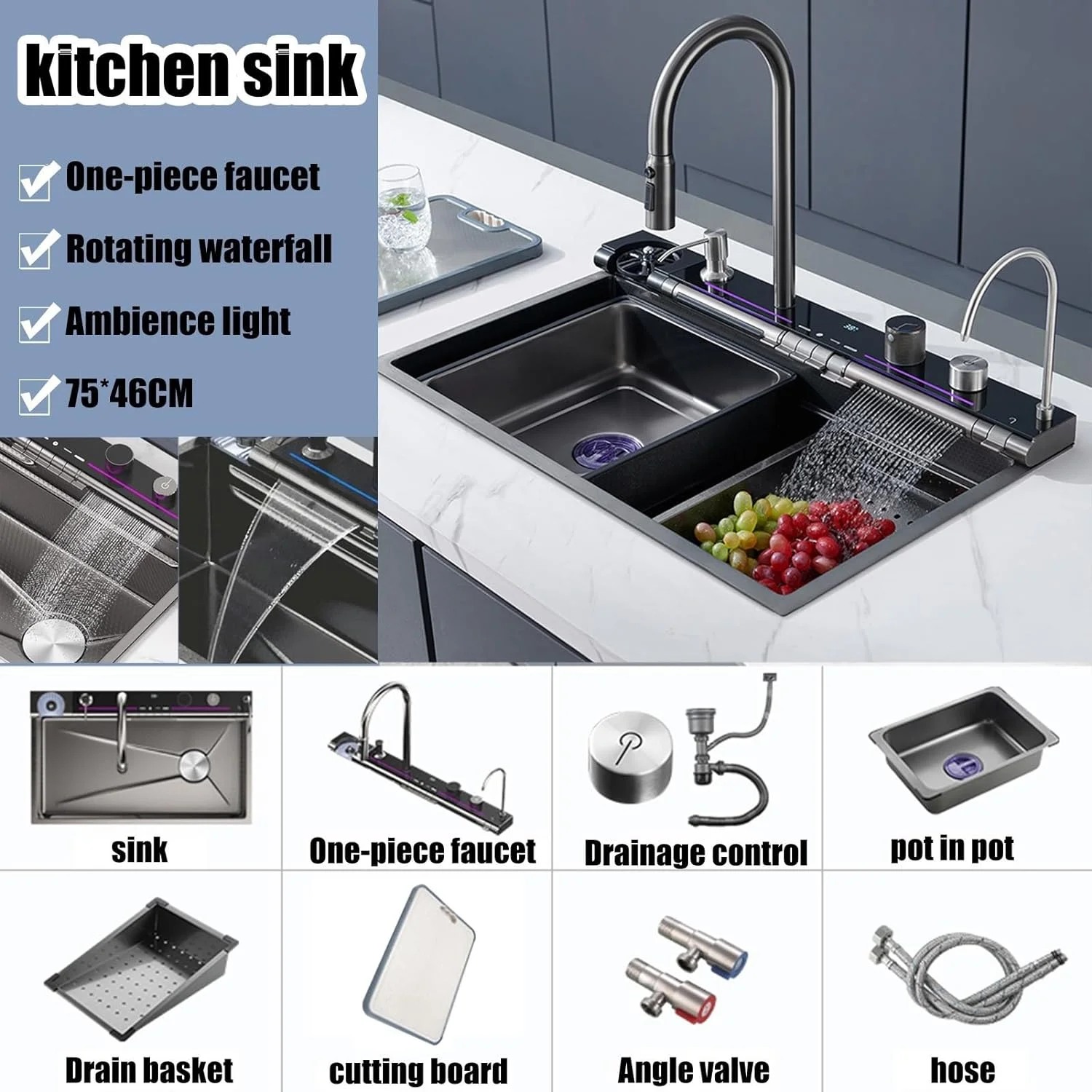 Kitchen Sink Digital Display Embossed Large Single Groove honeycomb Nano Raindance Waterfall Sink 29.5 INCH