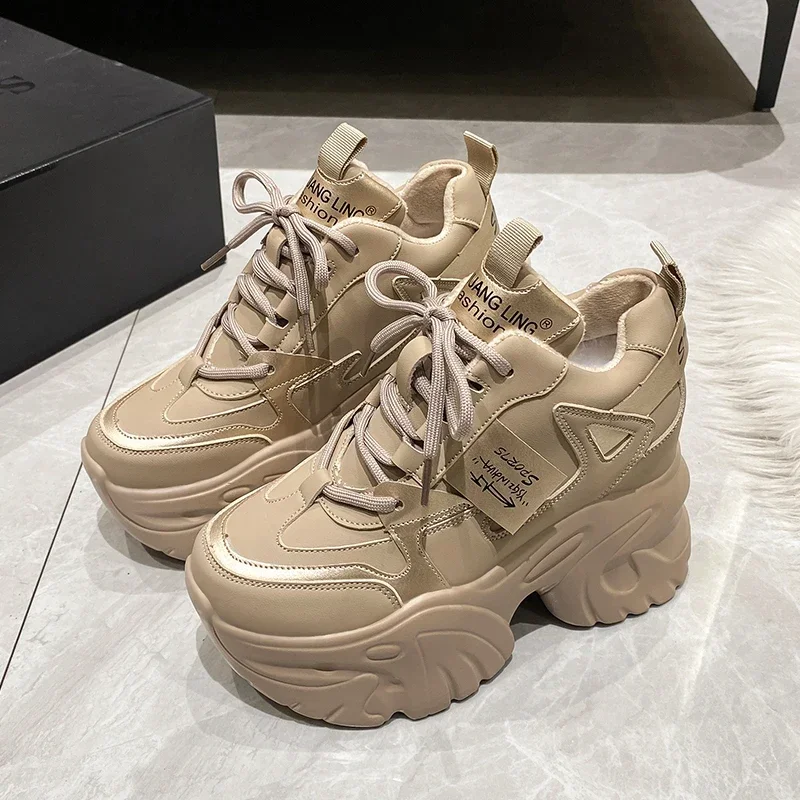 

Women High Platform Leather Sneakers New Winter Warm Plush Snow Shoes 10.5CM Thick Sole Casual Shoes Chunky Dad Sports Sneakers