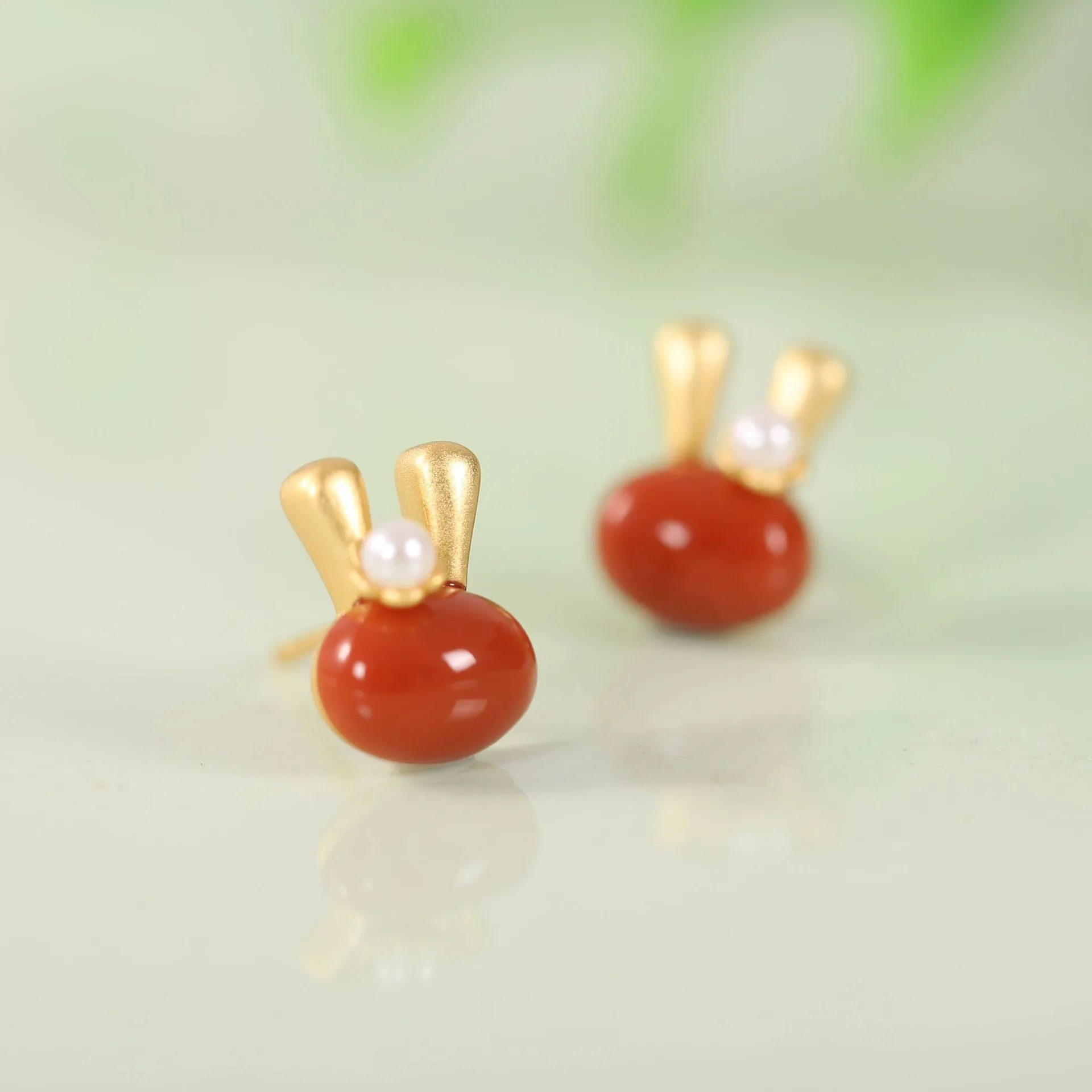 

ES156 ZFSILVER S925 Silver Korean Fashion Hetian Jade Jasper South Red Agate Cute Rabbit Earrings Jewelry Women Match-all Girls