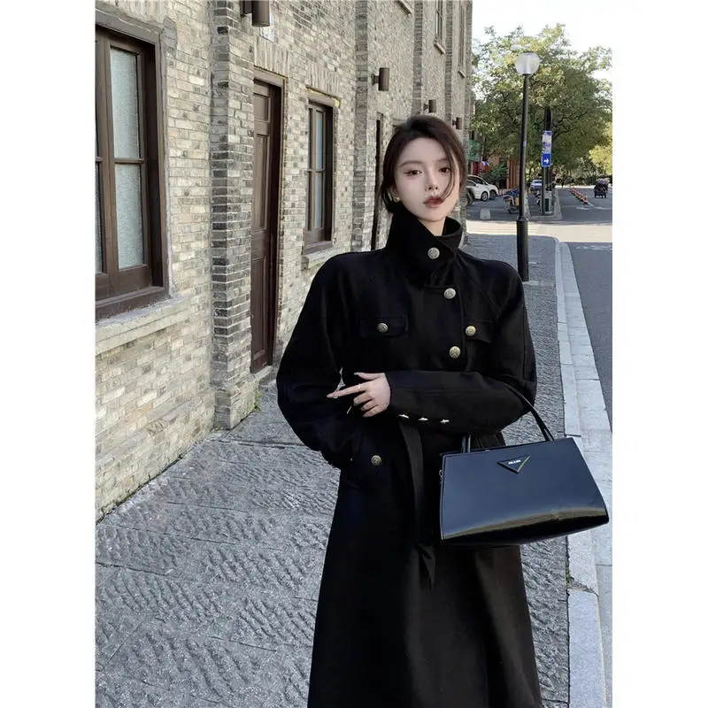 Black Standing Collar Woolen Coat For Women's Autumn And Winter New High-end Feeling Temperament Medium Length Waist Collection
