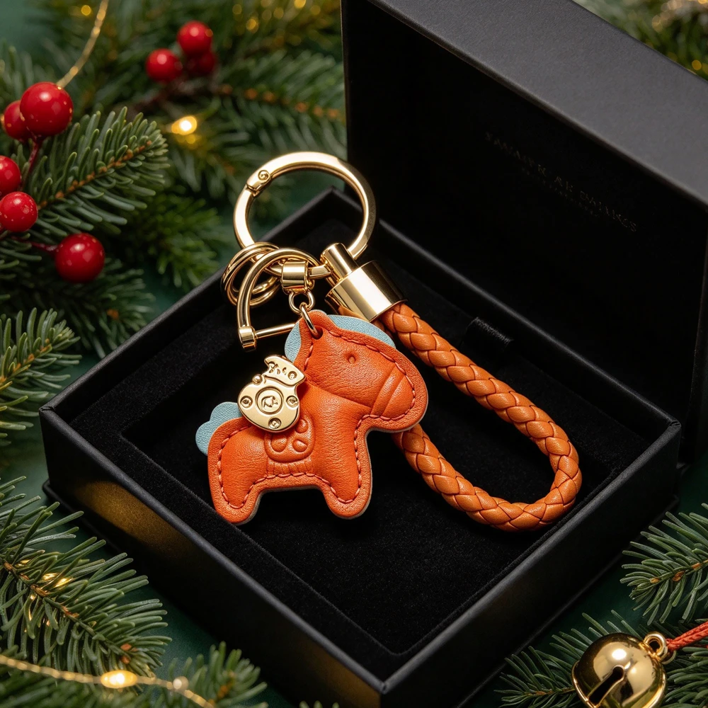 1 Stück Pferde-Schlüsselanhänger aus PU-Leder – leuchtendes Orange- und Blau-Farbschema, geflochtenes Seil und Metallring-Schnalle, Valentinstagsgeschenk, Taschenaccessoire, stilvoller Schlüssel-Organizer, Anime-Thema, langlebiger Schlüsselanhänger