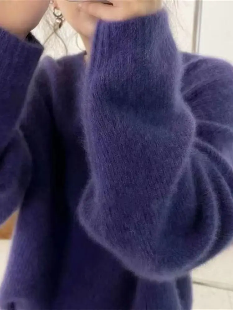 여성용 라운드 넥 캐시미어 스웨터, 두꺼운 회색 양모, 모헤어, 소프트 니트 스웨터, 긴팔 풀오버, 기본 상의, 2023 가을, 겨울