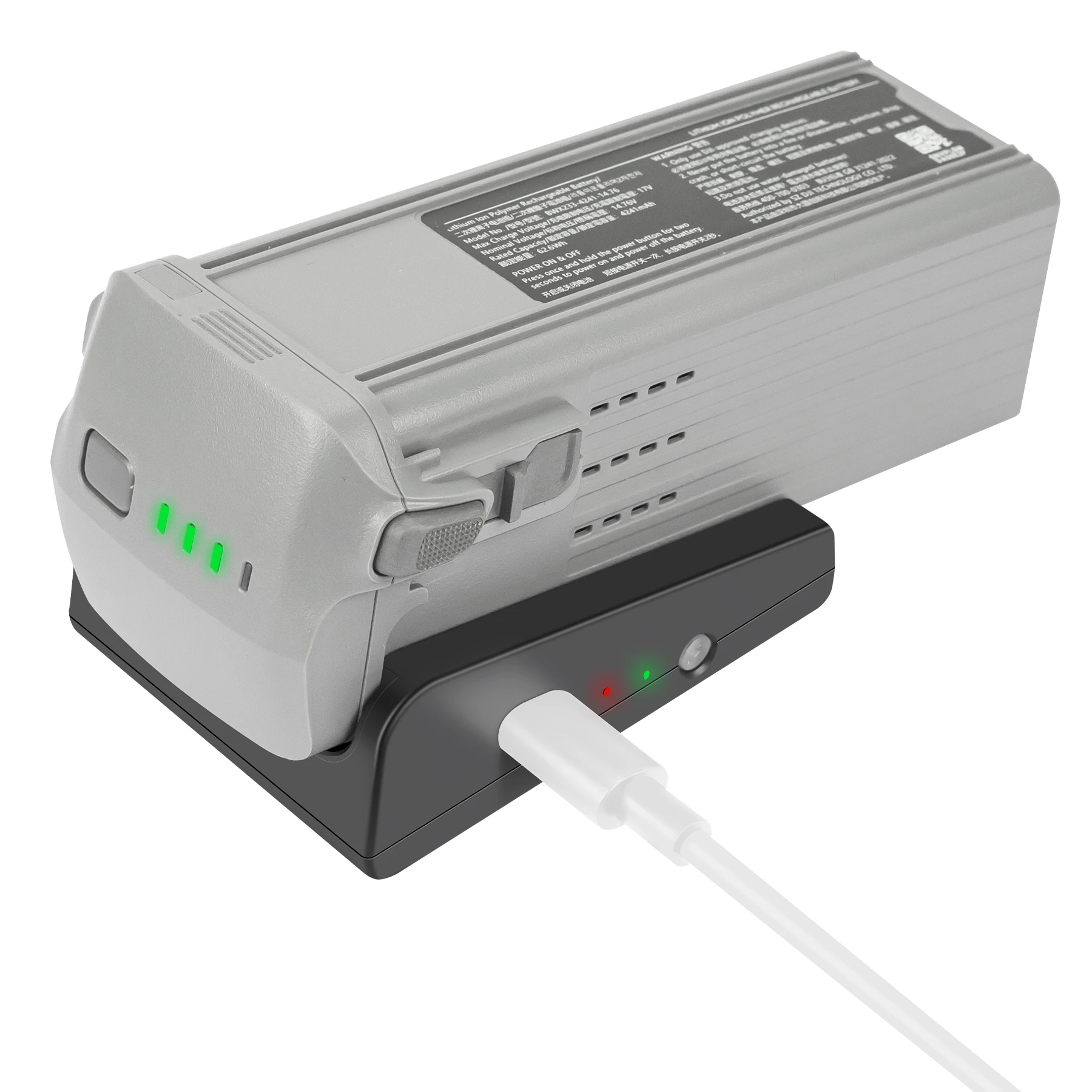 Détail des spécifications du chargeur rapide DJI Air 3 avec câble USB-C et adaptateur secteur.