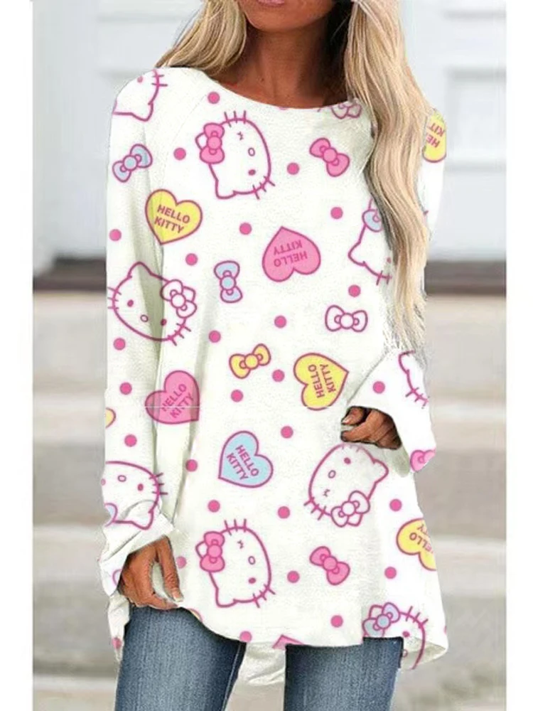 

Cute New Fashion Loose Crew Neck Ladies Hello Kitty Raglan Sleeve Street Festive Style T Shirt Spring Trend Hello Kitty Top