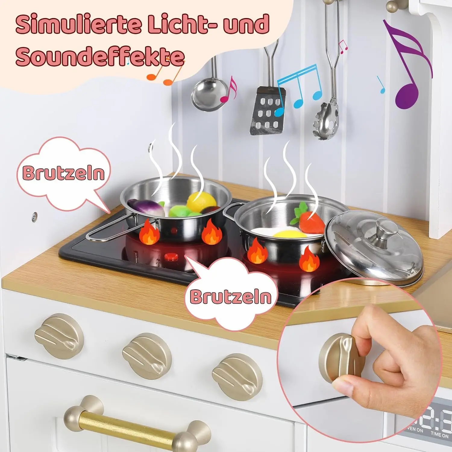 Kids Upright Wooden Kitchen Toy Playset with Stove, Oven, Sink, Fridge and Accessories, for Toddlers, Preschoolers, Children 4