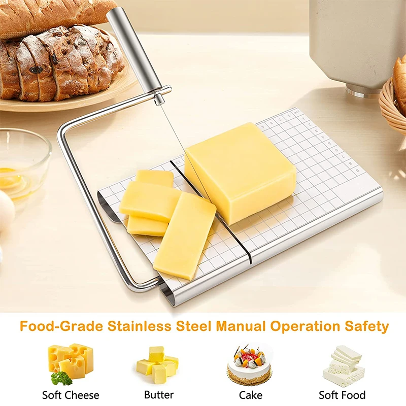 LMETJMA Cheese Slicers with Wire for Block Cheese Adjustable Cheese Cutter Board with 5 Replacement Wires Precise Scale JT53