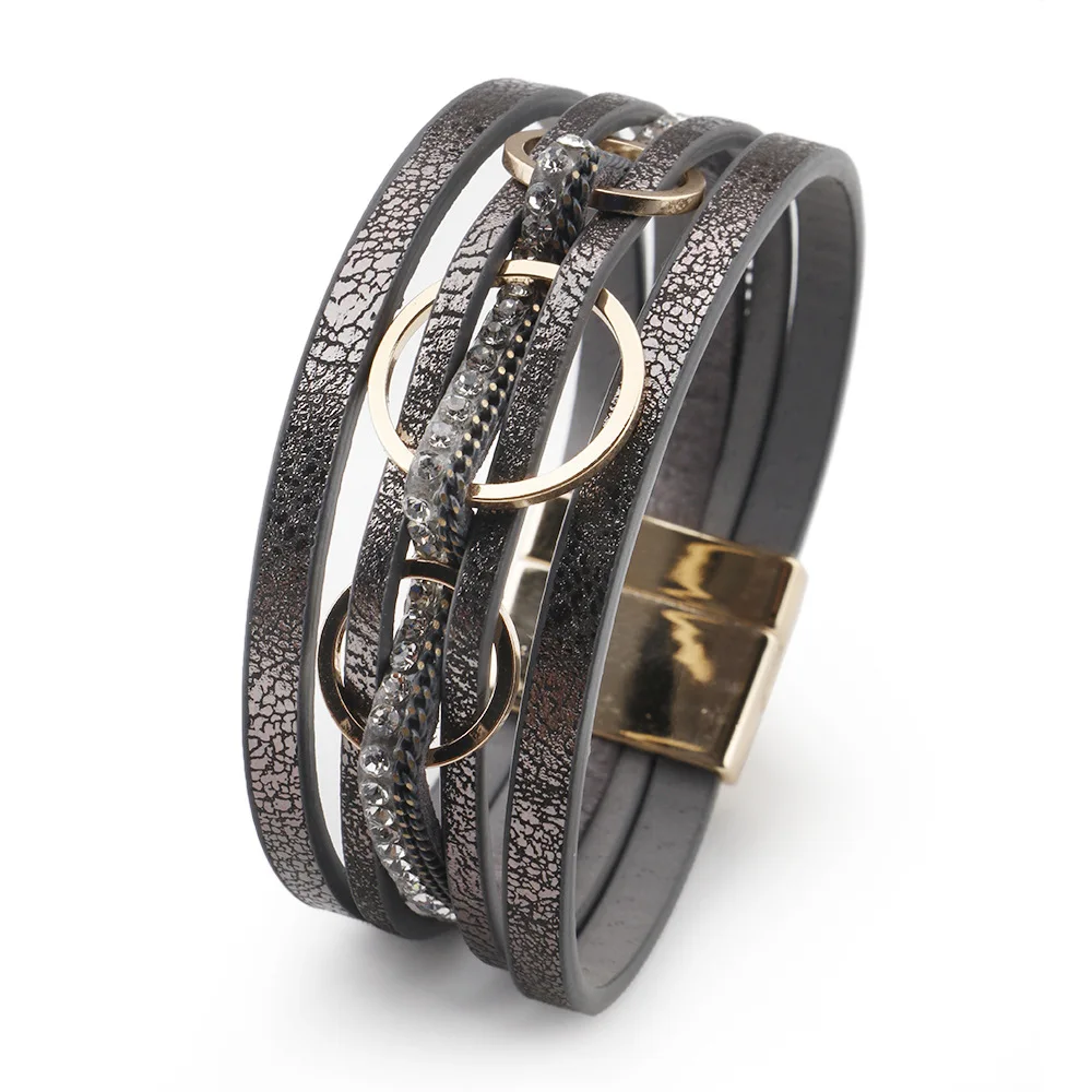 Bohemian Braided Leather Fashion Bracelet for Women Handmade Rhinestone Charm Wrap Bangle Jewelry