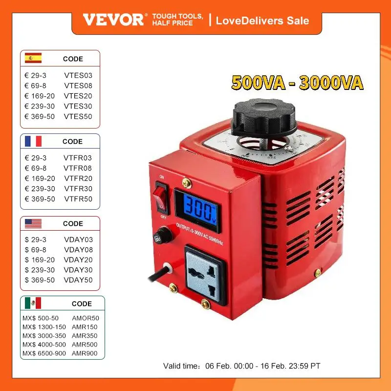 Vevor Variac Trasformatore Variabile Convertitore Trasformatore Regolatore Di Tensione Ca 500Va-3000Va Bobina Di Rame Incorporata Per Alimentazione